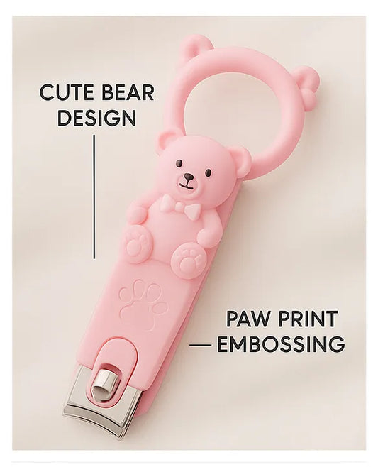 KIDS BASIC Baby Nail Clipper with Bear Design, Safe Stainless Steel Blades with Ring - Pink & Green (PACK OF 2)