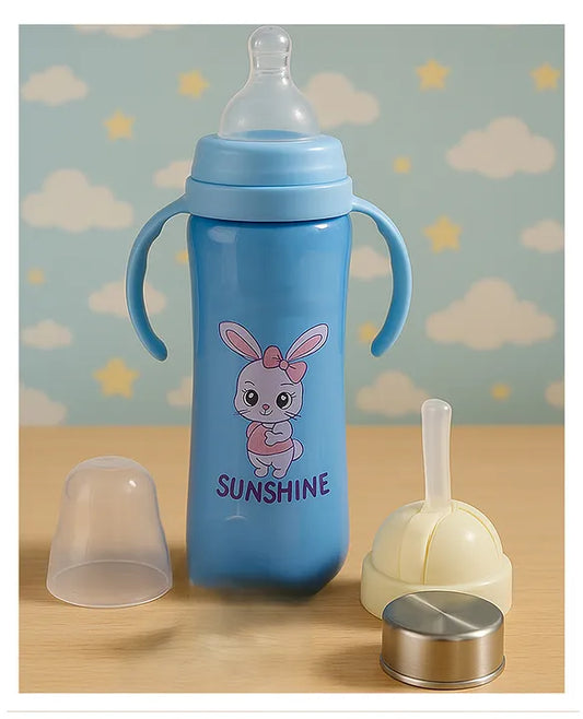 KIDS BASIC Baby 3 In 1 Stainless Steel Attractive Printed Multi-Functional Thermal Baby Straw Feeding Bottle With Handles - Pink - 240 ml