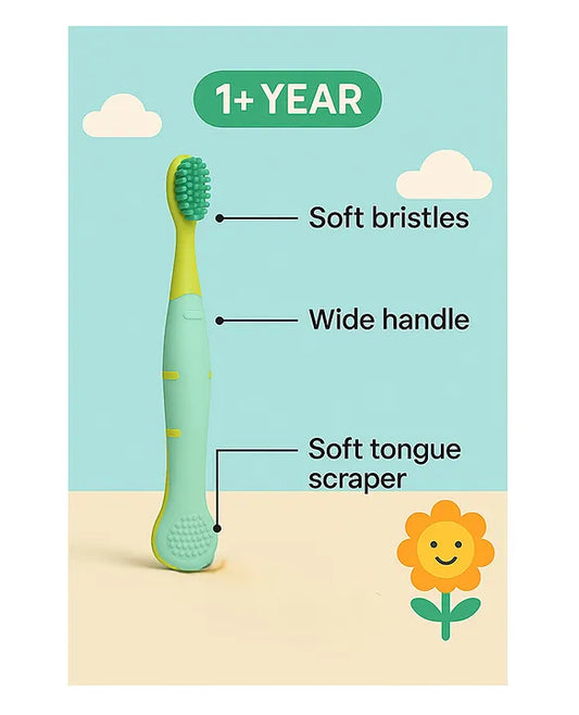 KIDS BASIC Cute Handle Soft Bristle With Tongue Scrapper Kids Toothbrush - Pink, Yellow & Green (Pack of 3)