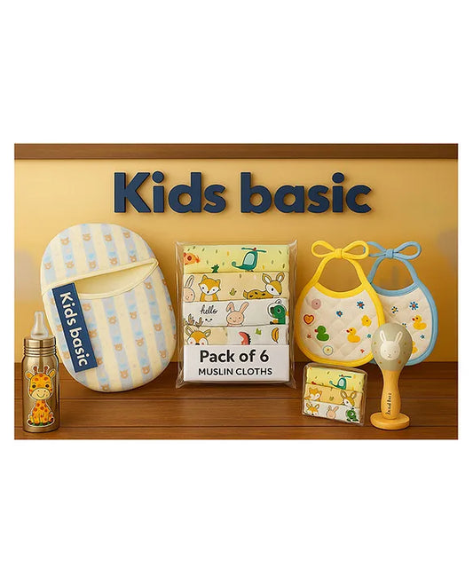 KIDS BASIC Newborn Essentials Gift Combo | Muslin Warm Sleeping Bag + Stainless Steel Feeding Bottle + 6 Muslin Hankies + 3 Knot Bibs + Wooden Rattle- Blue Stripes + Giraffe + Silver