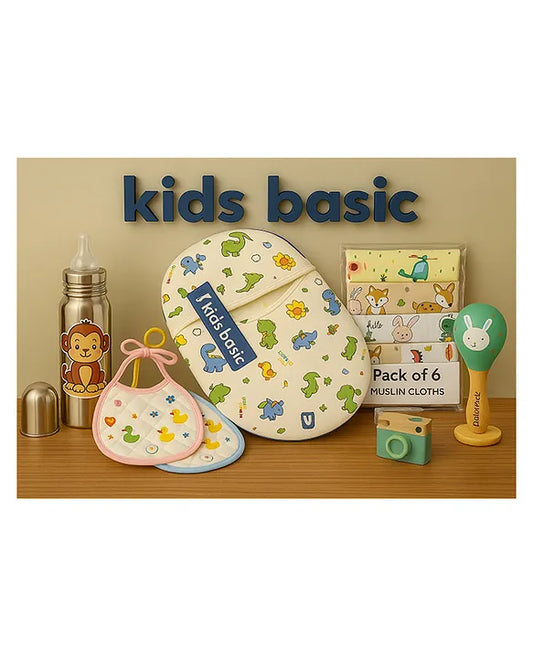 KIDS BASIC Newborn Essentials Gift Combo | Muslin Warm Sleeping Bag + Stainless Steel Feeding Bottle + 6 Muslin Hankies + 3 Knot Bibs + Wooden Rattle- Dino + Monkey + Green