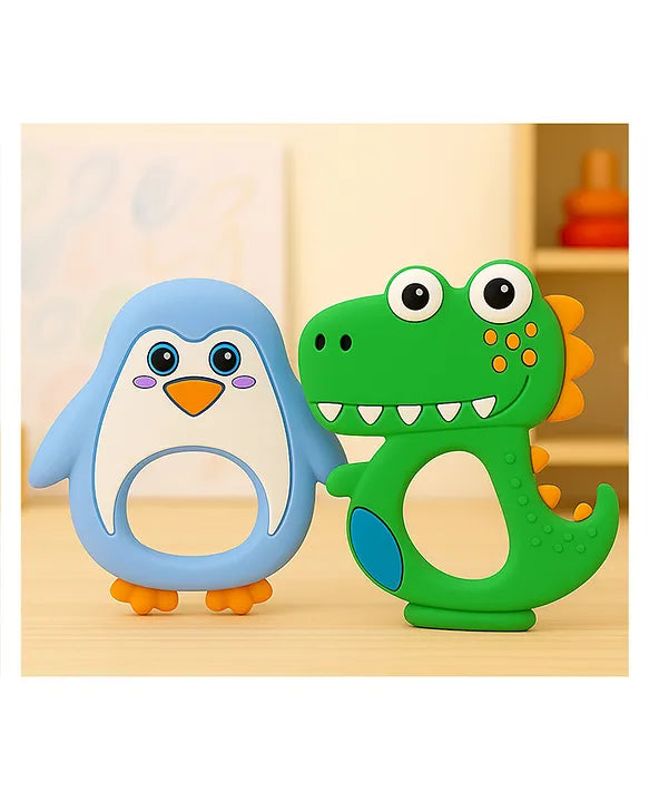 KIDS BASIC Dinosaur Shape & Reindeer Shape Silicone Teether , BPA Free & Safe for Babies (Pack of 2)