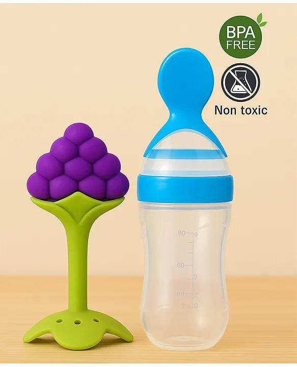 KIDS BASIC Baby Silicone Spoon Bottle with Soft Teether Feeder Combo , BPA Free Feeding Set