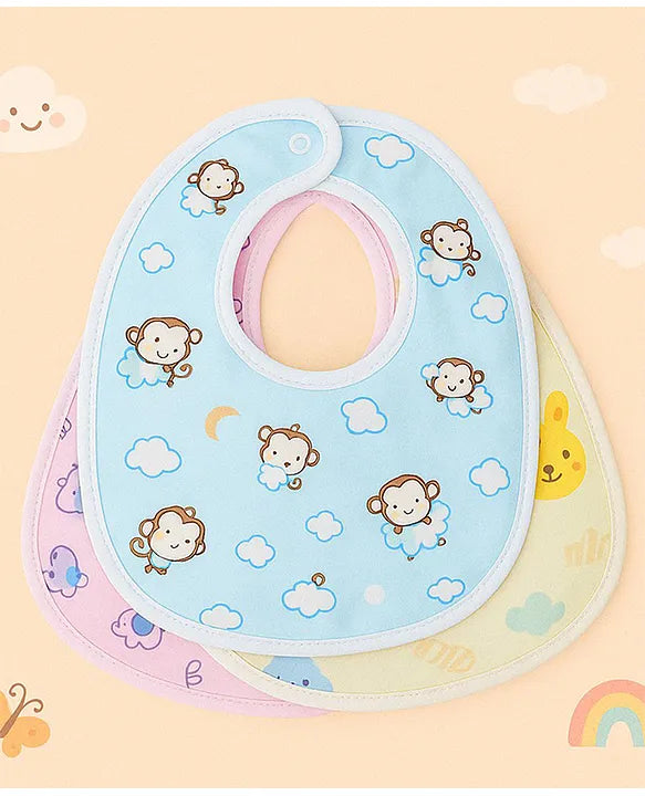 KIDS BASIC  Baby Soft Feeding Bib Apron Cute Multi Print with Tich Button - Multicolor