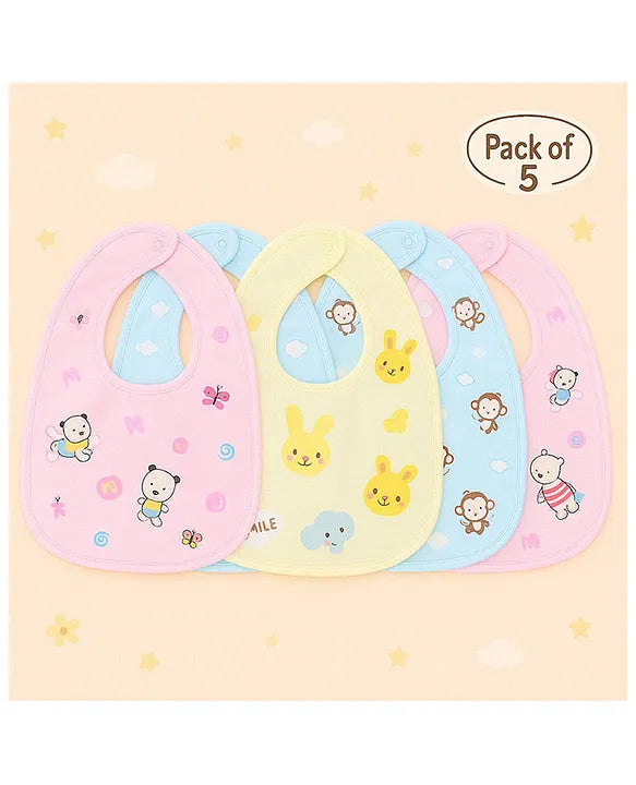 KIDS BASIC  Baby Soft Feeding Bib Apron Cute Multi Print with Tich Button - Multicolor