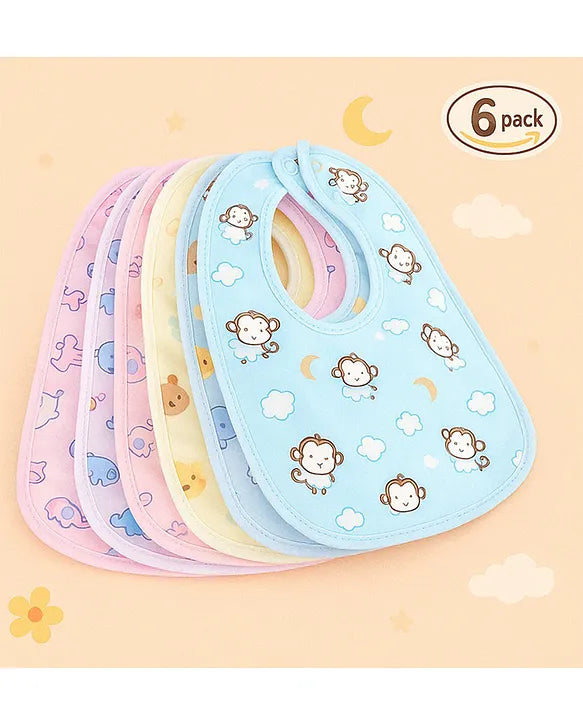 KIDS BASIC  Baby Soft Feeding Bib Apron Cute Multi Print with Tich Button - Multicolor