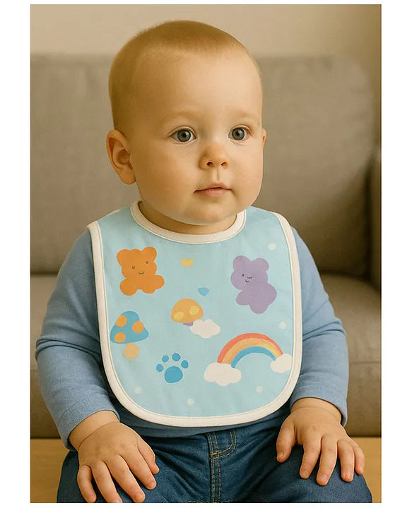 KIDS BASIC  Baby Soft Feeding Bib Apron Cute Multi Print with Tich Button - Multicolor