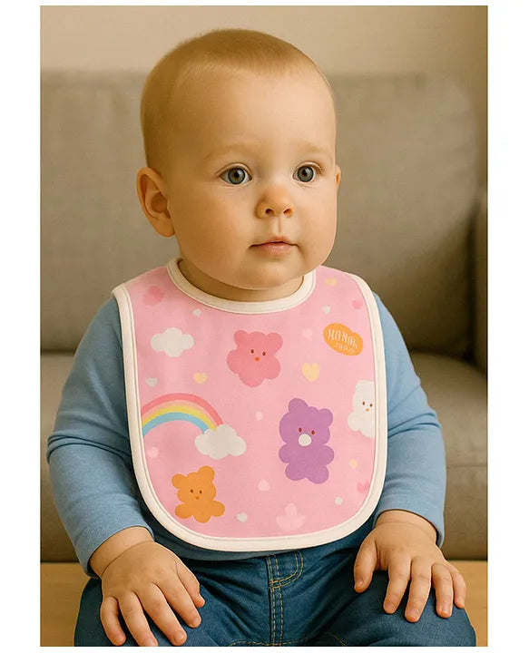 KIDS BASIC  Baby Soft Feeding Bib Apron Cute Multi Print with Tich Button - Multicolor