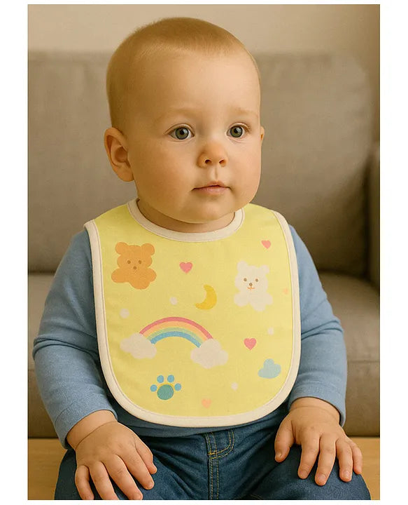 KIDS BASIC  Baby Soft Feeding Bib Apron Cute Multi Print with Tich Button - Multicolor