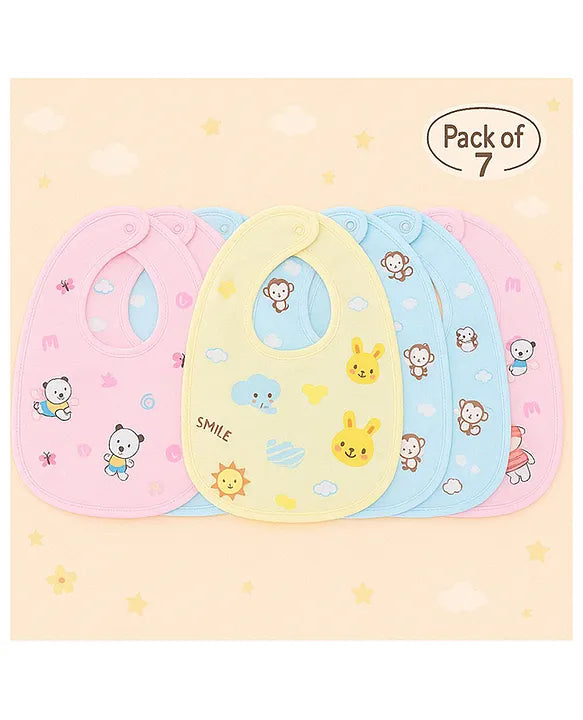 KIDS BASIC  Baby Soft Feeding Bib Apron Cute Multi Print with Tich Button - Multicolor