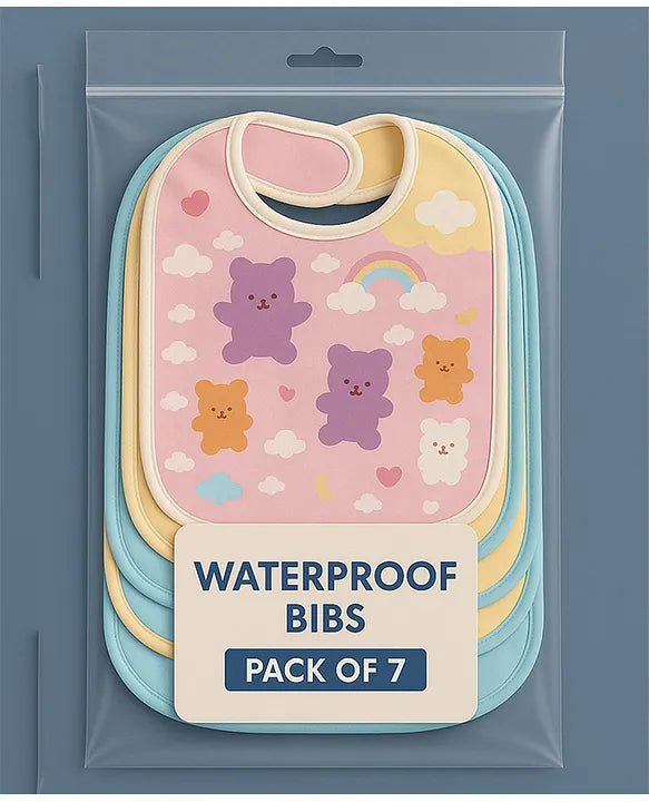 KIDS BASIC  Baby Soft Feeding Bib Apron Cute Multi Print with Tich Button - Multicolor