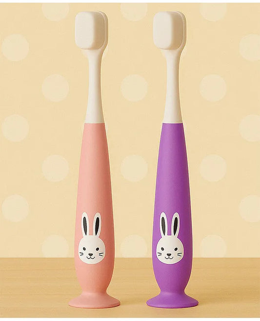 KIDS BASIC Kids Bunny Toothbrush with Soft Silicone Head, Stand - Up Base (Pack OF 2)