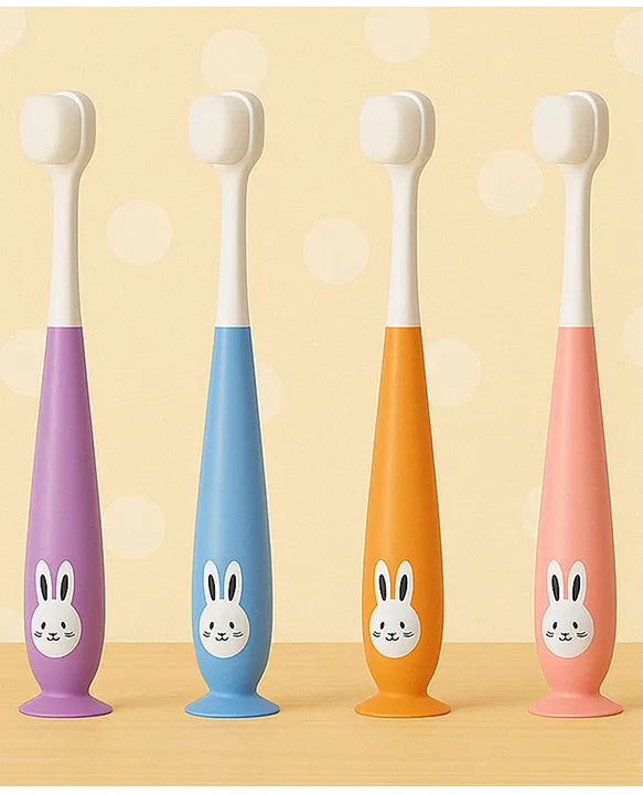 KIDS BASIC Kids Bunny Toothbrush with Soft Silicone Head, Stand - Up Base (Pack OF 2)