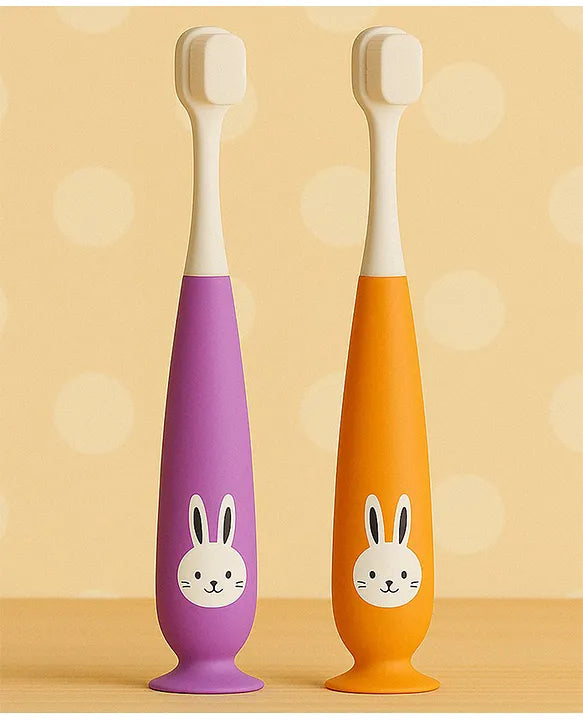 KIDS BASIC Kids Bunny Toothbrush with Soft Silicone Head, Stand - Up Base (Pack OF 2)