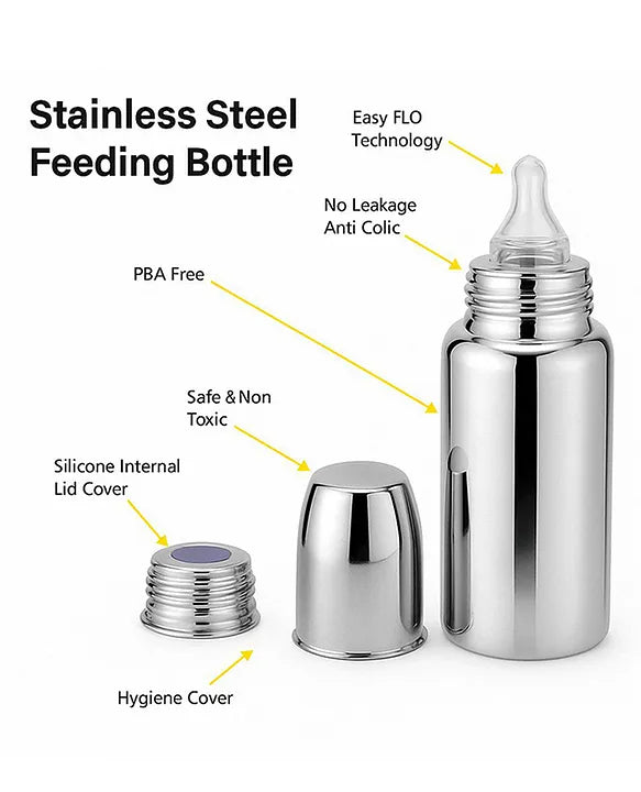 KIDS BASIC Stainless Steel Baby Feeding Bottle Bpa freen silicone nipple - Silver
