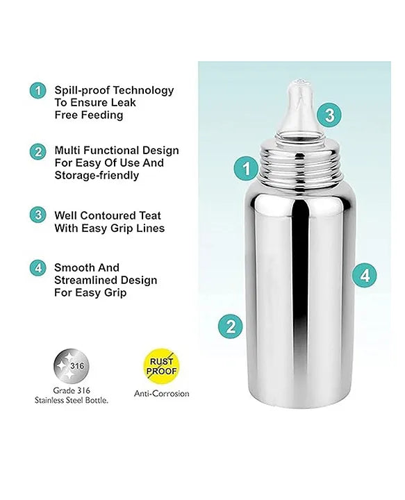 KIDS BASIC Stainless Steel Baby Feeding Bottle Bpa freen silicone nipple - Silver