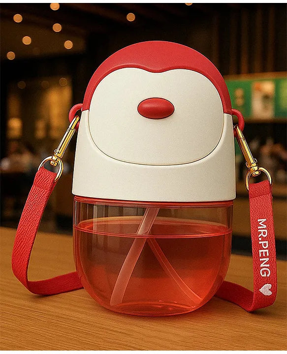 KIDS BASIC Penguin Sippy Cup with Straw, Cute Water Bottle with Adjustable Strap for Toddlers