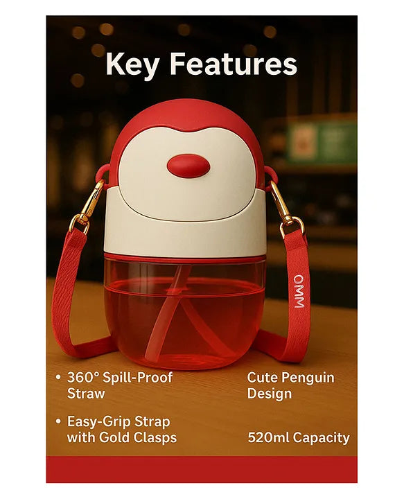 KIDS BASIC Penguin Sippy Cup with Straw, Cute Water Bottle with Adjustable Strap for Toddlers