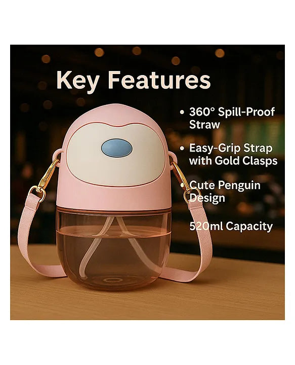 KIDS BASIC Penguin Sippy Cup with Straw, Cute Water Bottle with Adjustable Strap for Toddlers