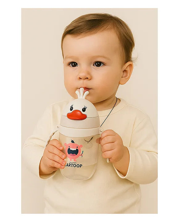KIDS BASIC Baby Premium Duck Feeding Sipper With Straw & Handle For Grip- 350 ml - Grey