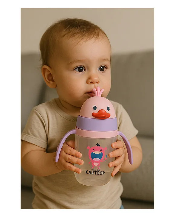 KIDS BASIC Baby Premium Duck Feeding Sipper With Straw & Handle For Grip- 350 ml - Grey