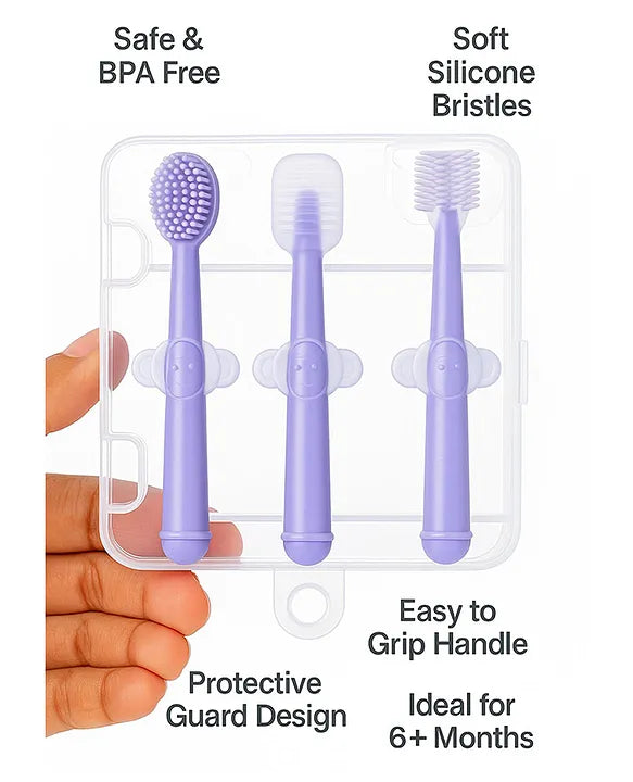 KIDS BASIC Baby Toothbrush 3 In 1 Silicone Toothbrush Set