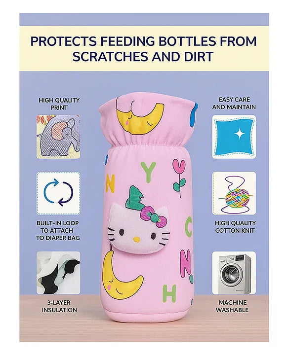 KIDS BASIC Soft & Durable Baby Feeding Bottle Cover Stretchable Soft Velvet Plush Cartoon Prints, Suitable UPTO 250ML - Pink, Yellow & Blue (Pack of 3)