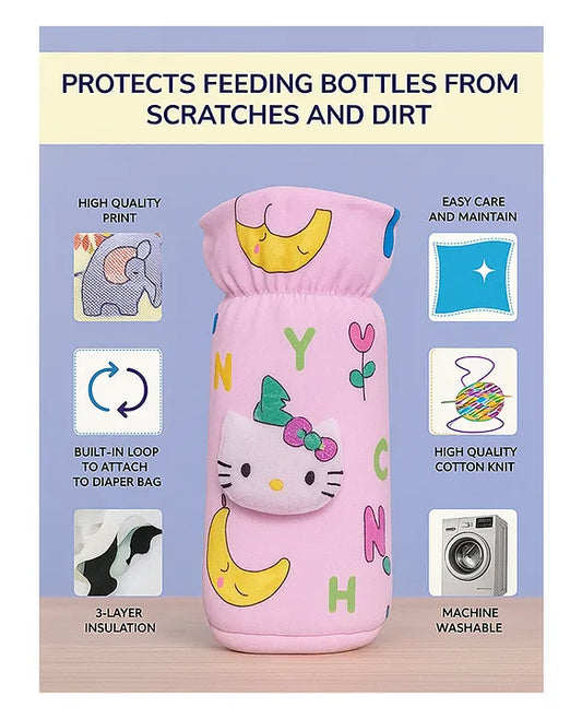 KIDS BASIC Soft & Durable Baby Feeding Bottle Cover Stretchable Soft Velvet Plush Cartoon Prints, Suitable UPTO 250ML - Pink, Yellow & Blue (Pack of 3)