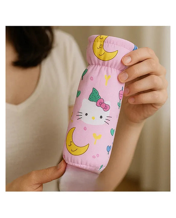 KIDS BASIC Soft & Durable Baby Feeding Bottle Cover Stretchable Soft Velvet Plush Cartoon Prints, Suitable UPTO 250ML - Pink, Yellow & Blue (Pack of 3)