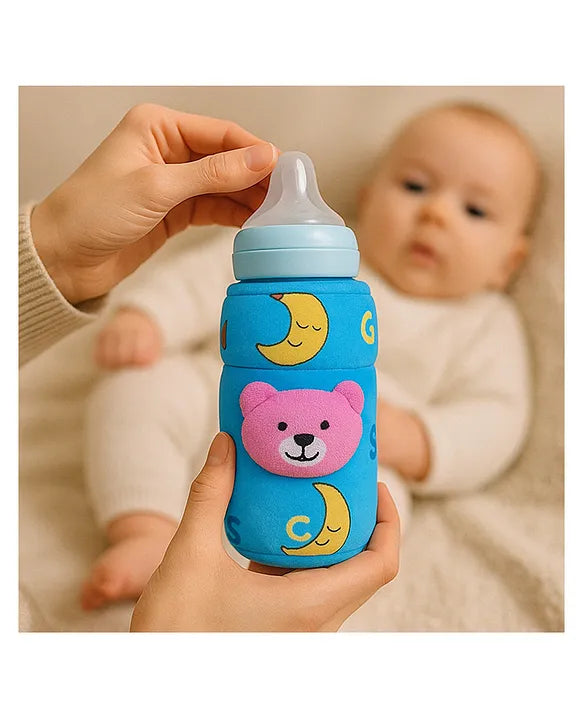 KIDS BASIC Soft & Durable Baby Feeding Bottle Cover Stretchable Soft Velvet Plush Cartoon Prints, Suitable UPTO 250ML - Pink, Yellow & Blue (Pack of 3)