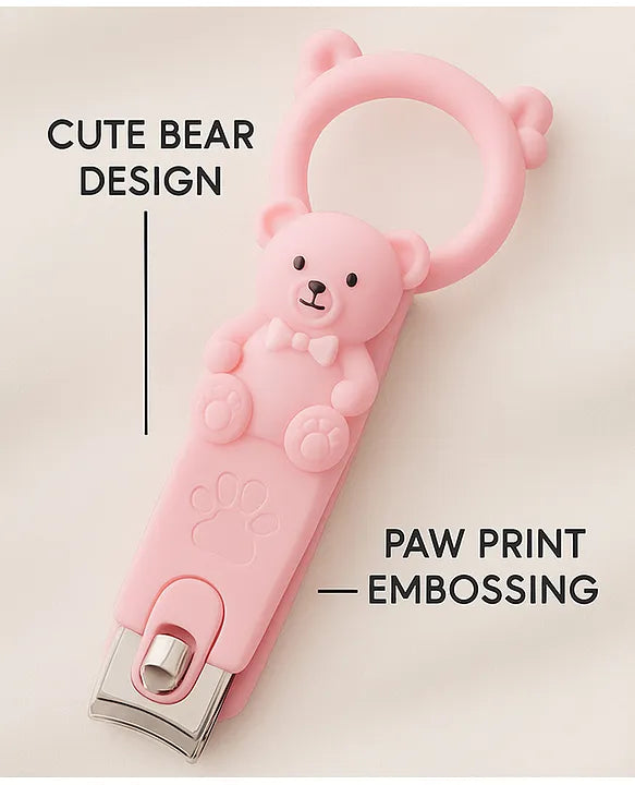 Totilo Baby Nail Clipper with Bear Design, Safe Stainless Steel Blades with Ring - Pink & Green (PACK OF 2)