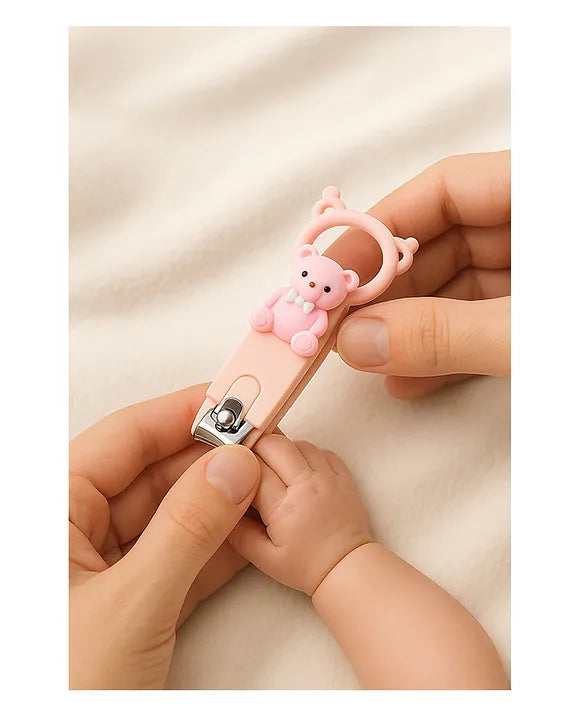 Totilo Baby Nail Clipper with Bear Design, Safe Stainless Steel Blades with Ring - Pink & Green (PACK OF 2)