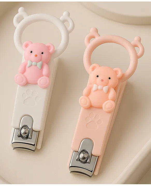 Totilo Baby Nail Clipper with Bear Design, Safe Stainless Steel Blades with Ring - Pink & Green (PACK OF 2)
