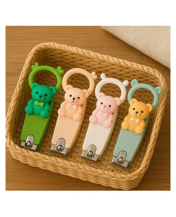 Totilo Baby Nail Clipper with Bear Design, Safe Stainless Steel Blades with Ring - Pink & Green (PACK OF 2)