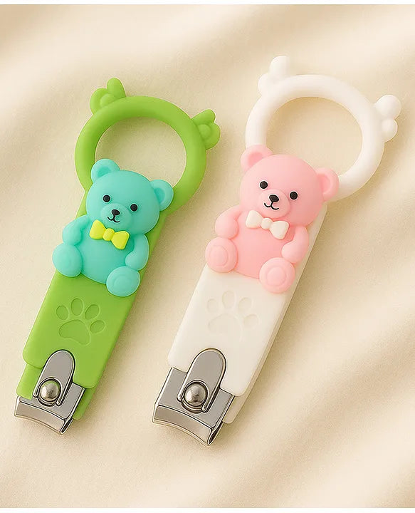 Totilo Baby Nail Clipper with Bear Design, Safe Stainless Steel Blades with Ring - Pink & Green (PACK OF 2)