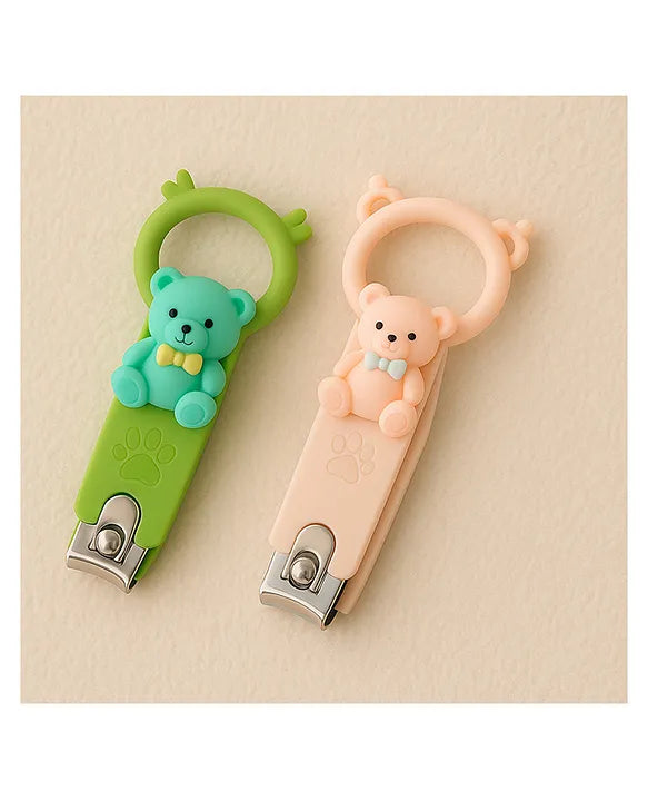 Totilo Baby Nail Clipper with Bear Design, Safe Stainless Steel Blades with Ring - Pink & Green (PACK OF 2)