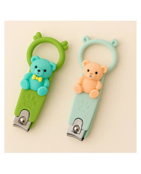 Totilo Baby Nail Clipper with Bear Design, Safe Stainless Steel Blades with Ring - Pink & Green (PACK OF 2)
