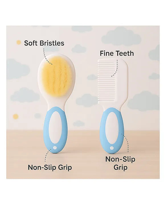 KIDS BASIC Baby Soft Bristle Hair Brush Comb Set with Cute Nail Clipper - Pink & Pink