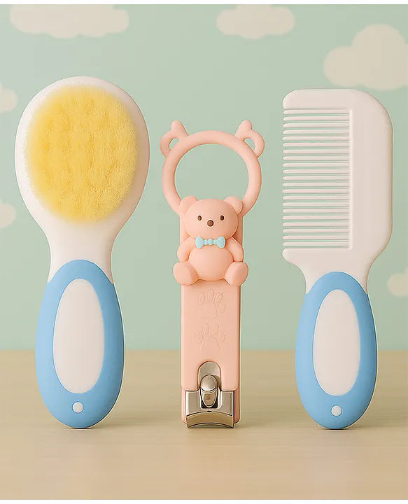 KIDS BASIC Baby Soft Bristle Hair Brush Comb Set with Cute Nail Clipper - Blue