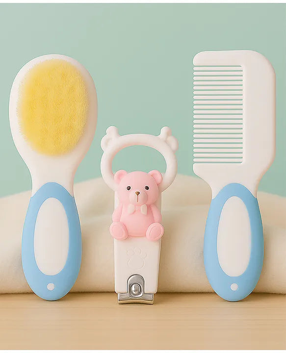 KIDS BASIC Baby Soft Bristle Hair Brush Comb Set with Cute Nail Clipper - Blue