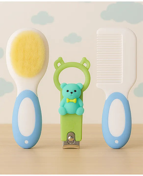KIDS BASIC Baby Soft Bristle Hair Brush Comb Set with Cute Nail Clipper - Pink & Pink