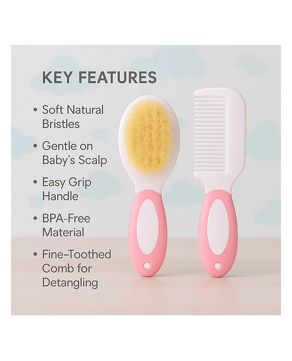 KIDS BASIC Baby Soft Bristle Hair Brush Comb Set with Cute Nail Clipper - Pink & Pink
