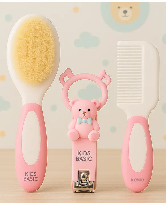 KIDS BASIC Baby Soft Bristle Hair Brush Comb Set with Cute Nail Clipper - Blue