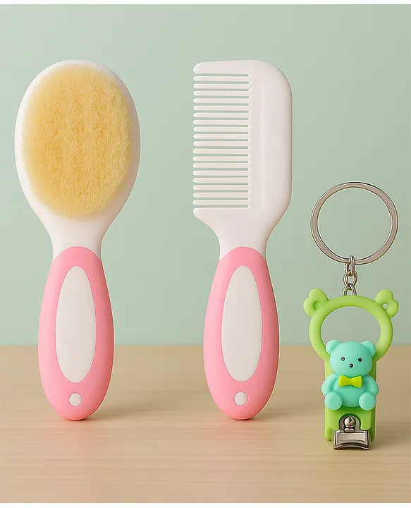 KIDS BASIC Baby Soft Bristle Hair Brush Comb Set with Cute Nail Clipper - Blue