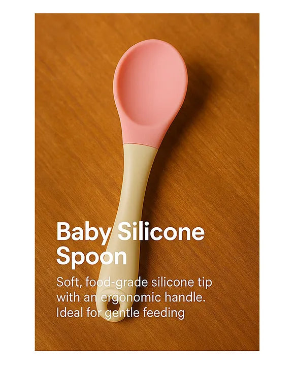 KIDS BASIC Silicone Spoon With Plastic Handle, BPA Free Spoon For Baby, Infants - Pink & Green (Pack of 2)