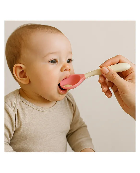 KIDS BASIC Silicone Spoon With Plastic Handle, BPA Free Spoon For Baby, Infants - Pink & Green (Pack of 2)