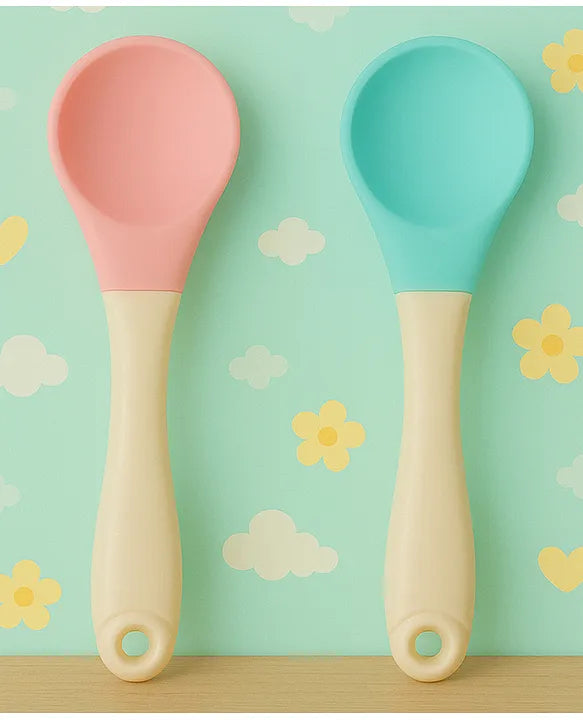 KIDS BASIC Silicone Spoon With Plastic Handle, BPA Free Spoon For Baby, Infants - Pink & Green (Pack of 2)