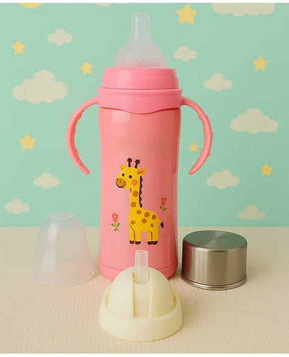 KIDS BASIC Baby 3 In 1 Stainless Steel Attractive Printed Multi-Functional Thermal Baby Straw Feeding Bottle With Handles - Pink - 240 ml