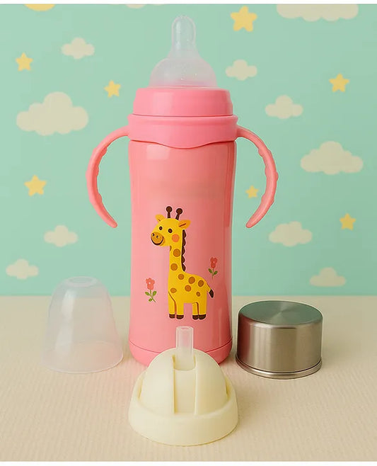 KIDS BASIC Baby 3 In 1 Stainless Steel Attractive Printed Multi-Functional Thermal Baby Straw Feeding Bottle With Handles - Pink - 240 ml