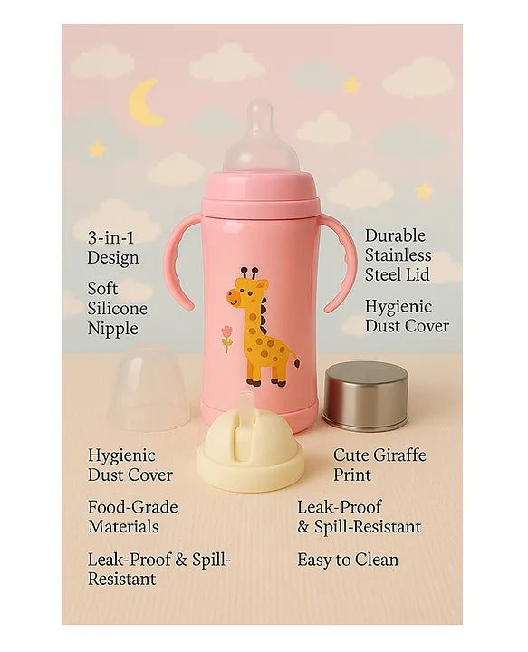 KIDS BASIC Baby 3 In 1 Stainless Steel Attractive Printed Multi-Functional Thermal Baby Straw Feeding Bottle With Handles - Pink - 240 ml